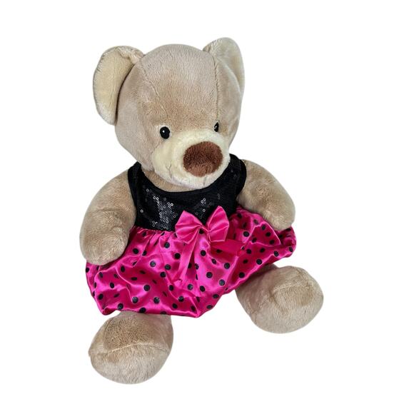 Build A Bear Workshop BAB Tan Teddy Bear Black Sequin Pink Polka Dot Dress 15" - Picture 1 of 5